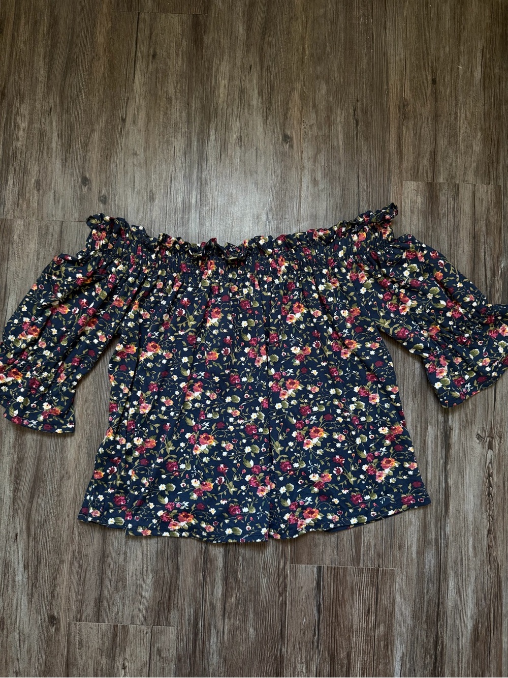 Navy Floral Off-the-Shoulder Blouse with Pink & Cream Flowers